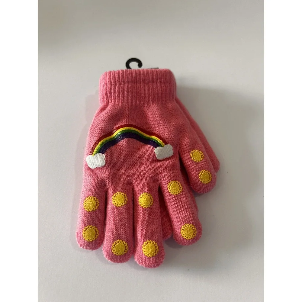 Amity Cold Guard Girls Rainbow Sun Clouds Fashion Knit Gloves Pink Yellow 5.5
